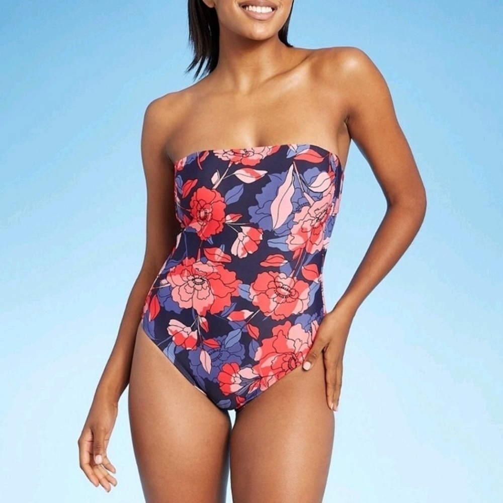 Navy and Coral Floral Convertible Strapless One Piece Swim suit